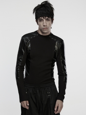 Black Gothic Cyberpunk Striped Long Sleeve T-Shirt for Men