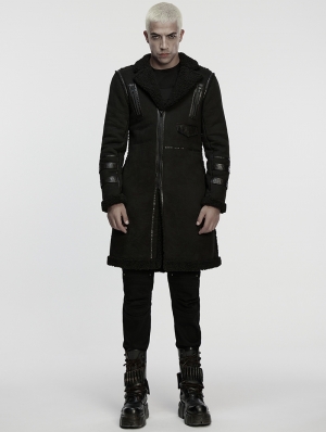 Black Gothic Rough Punk Asymmetric Plush Jacket for Men