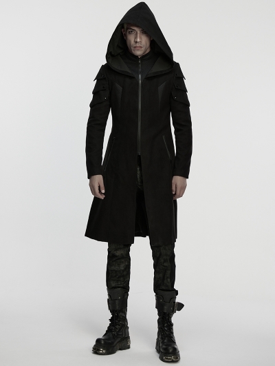 Black Gothic Cyberpunk Armor Hooded Velvet Jacket for Men