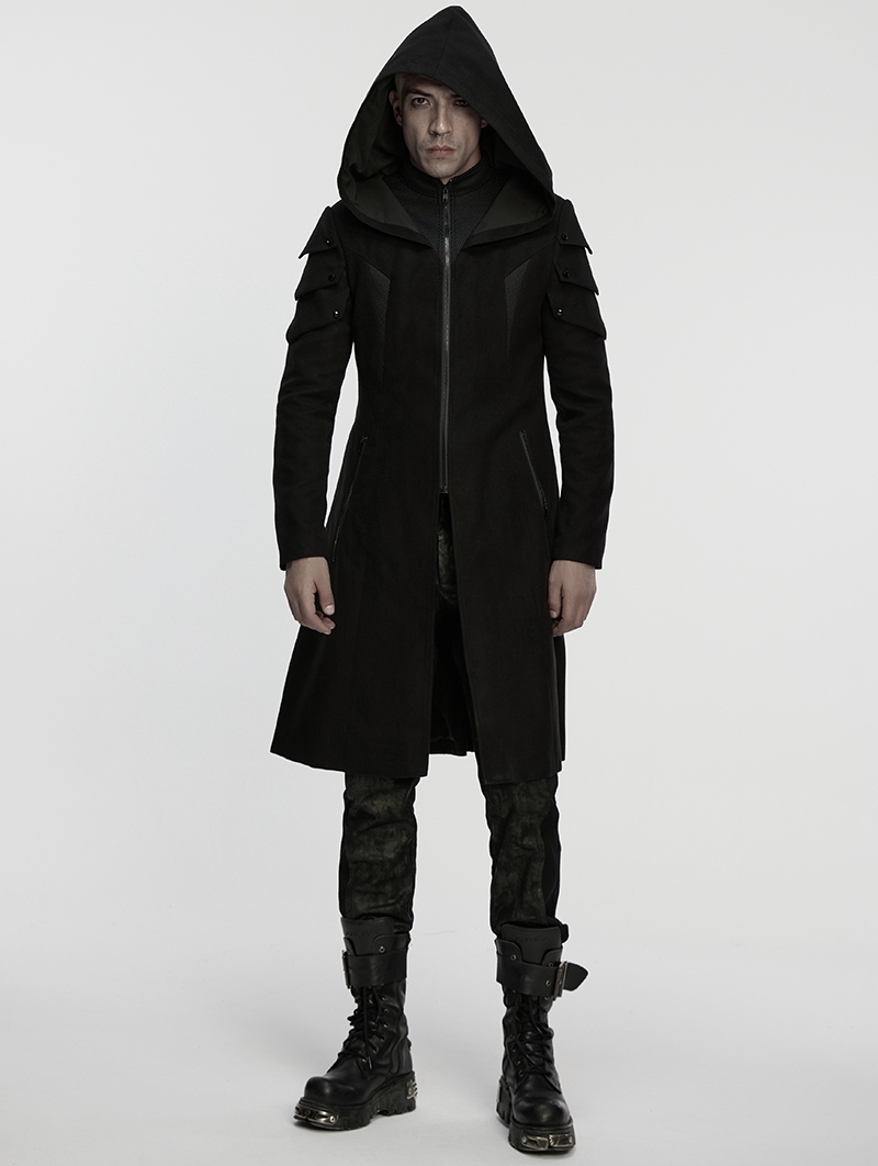 Black Gothic Cyberpunk Armor Hooded Velvet Jacket for Men