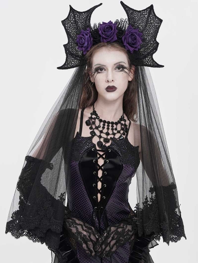 Black Gothic Batwing Rose Mesh Headband Veil