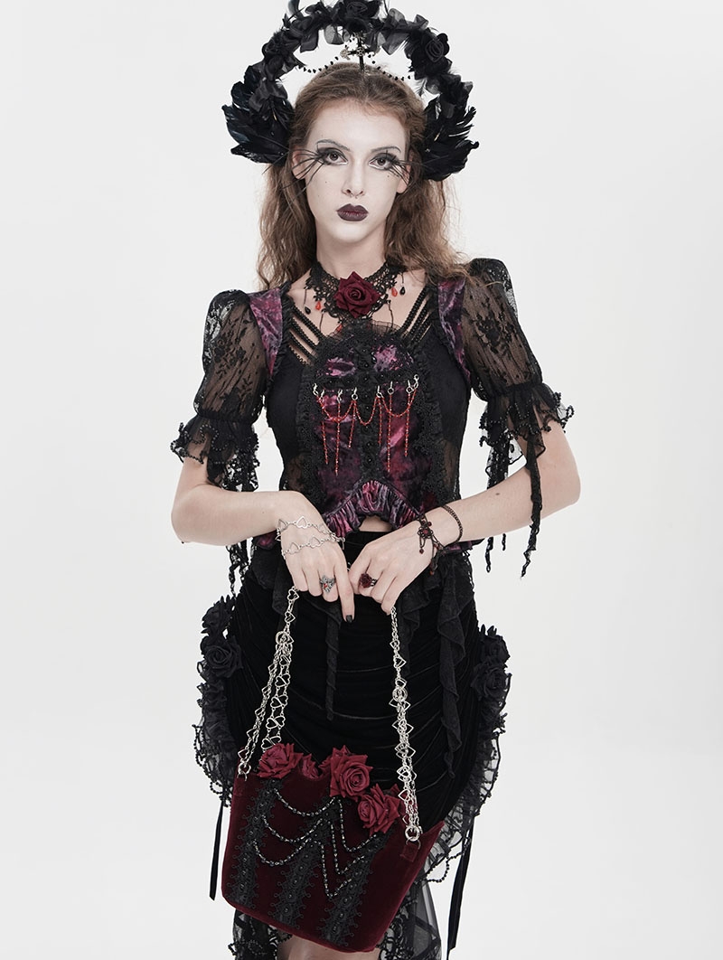 Burgundy Gothic Velvet Rose Beading Chain Shoulder Bag