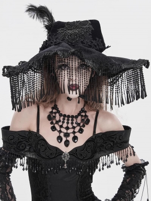 Black Victorian Gothic Witch Beaded Fringe Feather Hat