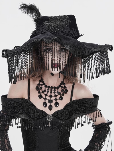 Black Victorian Gothic Witch Beaded Fringe Feather Hat