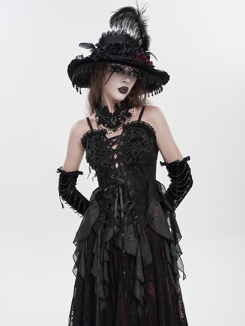 Black Vintage Gothic Lace Trim Ruffle Tassel Corset Top