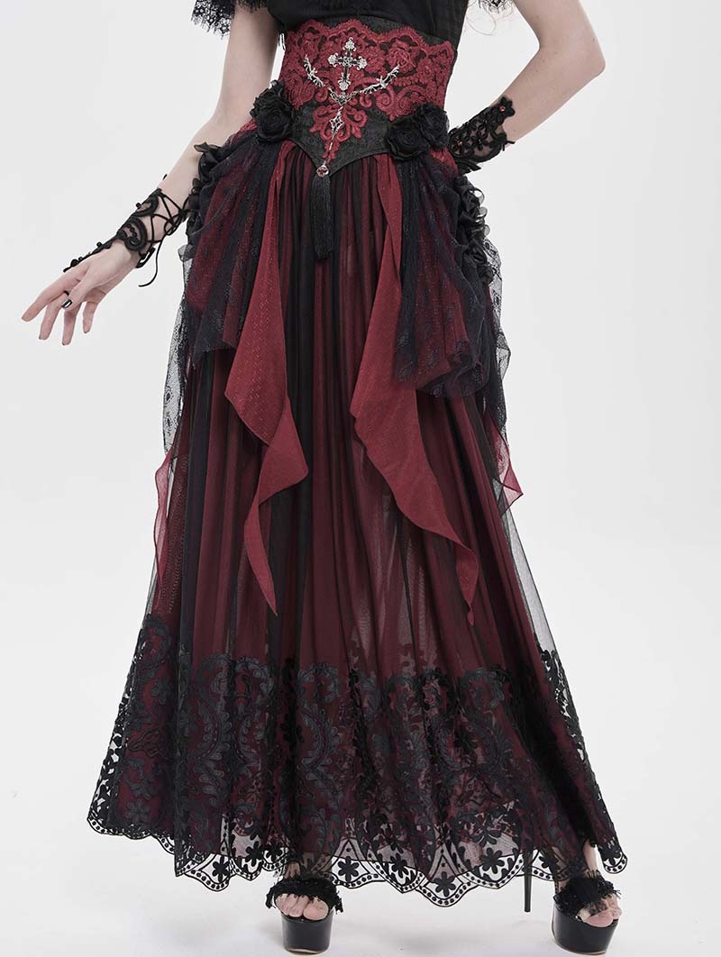 Black and Red Retro Gothic Cross Bat Corset with Tulle Skirt