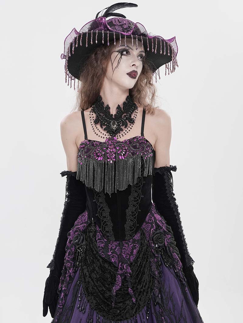 Black and Purple Retro Gothic Floral Beaded Tassel Velvet Corset Top