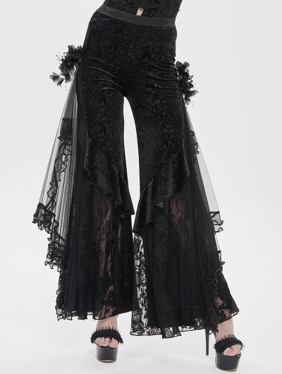 Black Vintage Gothic Flower Mesh Velvet Flared Pants for Women