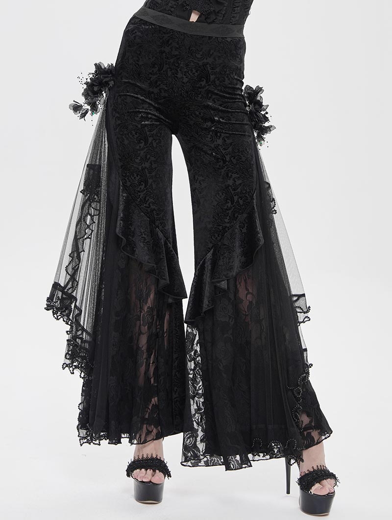 Black Vintage Gothic Flower Mesh Velvet Flared Pants for Women