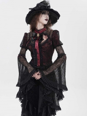 Black and Red Vintage Gothic Flared Long Sleeve Frilly Shirt for Women