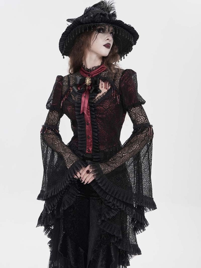 Black and Red Vintage Gothic Flared Long Sleeve Frilly Shirt for Women