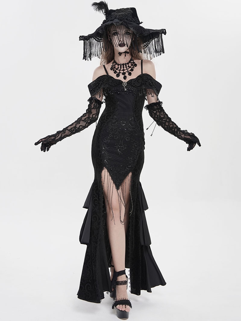 Black Gothic Sexy Off-the-Shoulder Velvet Slit Fishtail Dress