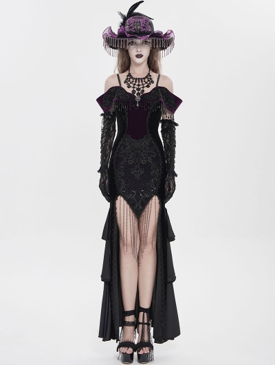 Black and Purple Gothic Sexy Off-the-Shoulder Velvet Slit Fishtail Dress