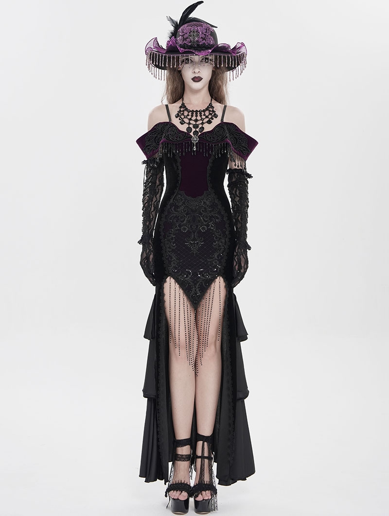 Black and Purple Gothic Sexy Off-the-Shoulder Velvet Slit Fishtail Dress