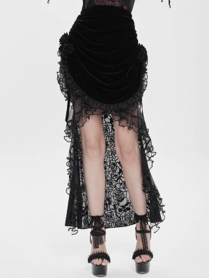 Black Gothic Rose Mesh Velvet High-Low Fishtail Skirt