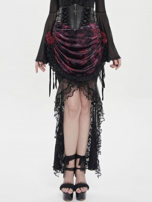 Black and Red Gothic Rose Mesh Velvet High-Low Fishtail Skirt