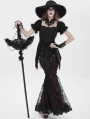 Black and Red Gothic Floral Lace Embroidered Tasseled Fishtail Skirt