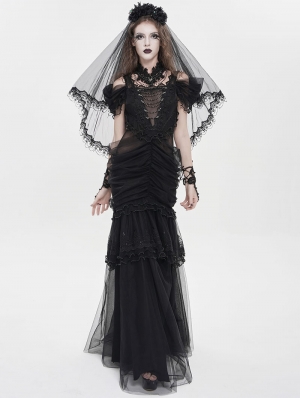 Black Gothic Layered Mesh Mermaid Low Back Maxi Dress