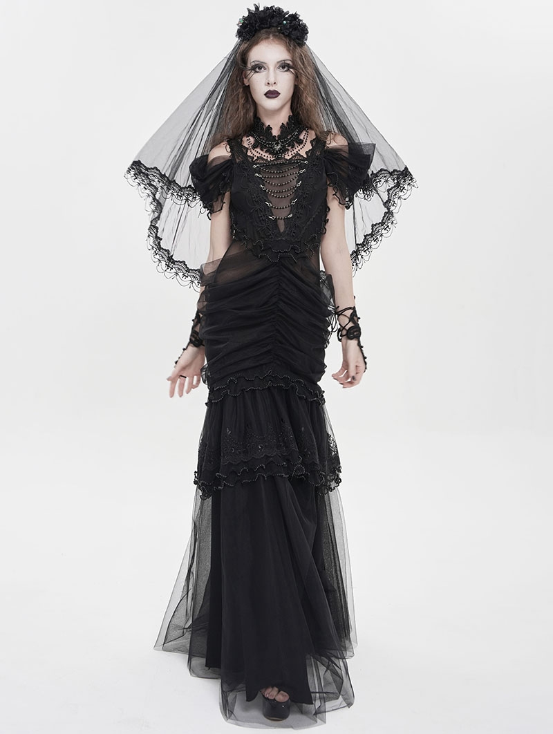 Black Gothic Layered Mesh Mermaid Low Back Maxi Dress