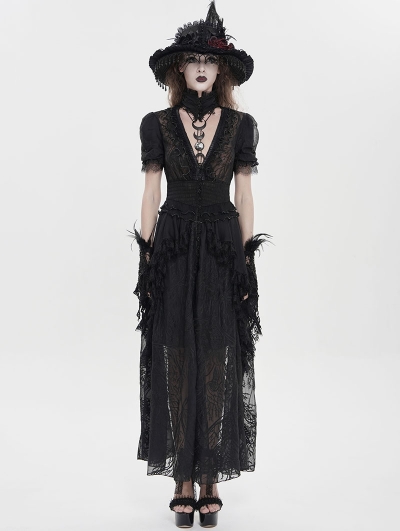 Black Gothic Deep V-Neck High Slit Floral Mesh Long Dress