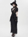 Black Gothic Deep V-Neck High Slit Floral Mesh Long Dress