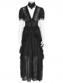 Black Gothic Deep V-Neck High Slit Floral Mesh Long Dress