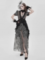 Black and Grey Gothic Deep V-Neck High Slit Floral Mesh Long Dress