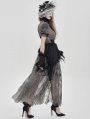 Black and Grey Gothic Deep V-Neck High Slit Floral Mesh Long Dress