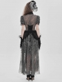 Black and Grey Gothic Deep V-Neck High Slit Floral Mesh Long Dress