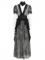 Black and Grey Gothic Deep V-Neck High Slit Floral Mesh Long Dress