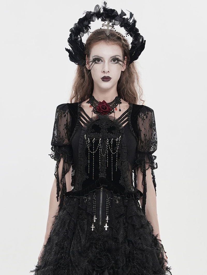 Black Gothic Floral Mesh Ruffled Tassel Trim Shirt for Women