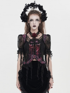 Black and Red Gothic Floral Mesh Ruffled Tassel Trim Shirt for Women