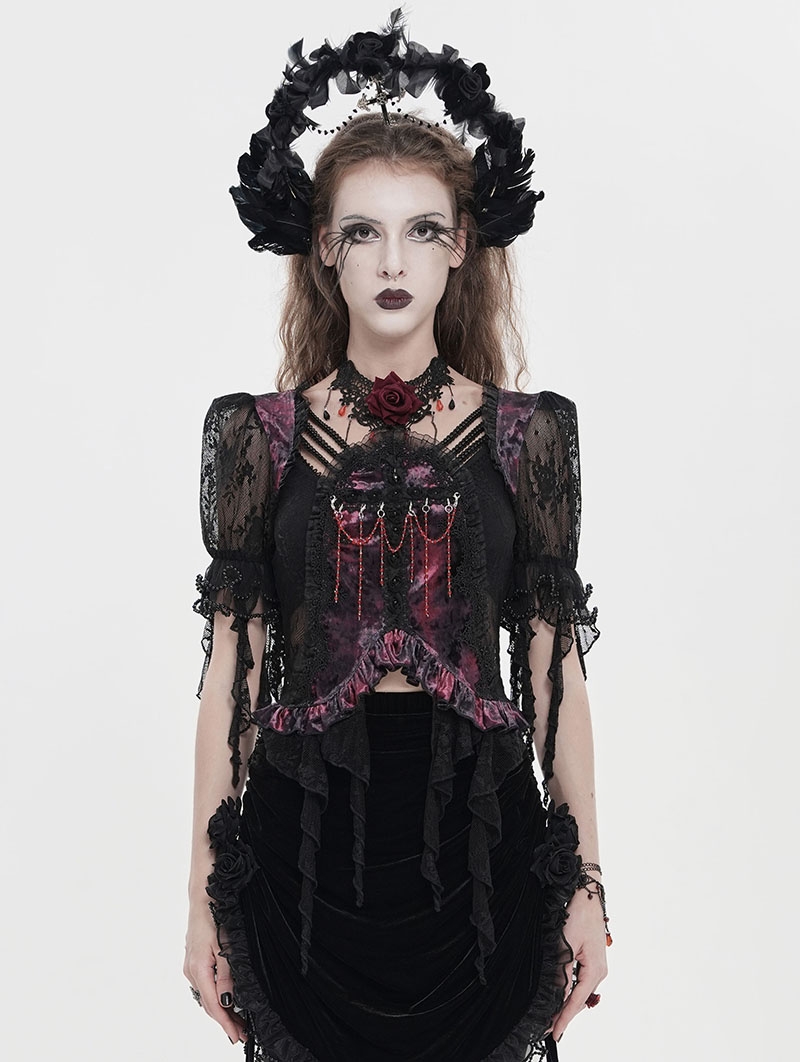 Black and Red Gothic Floral Mesh Ruffled Tassel Trim Shirt for Women
