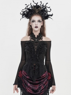 Black Gothic Mesh Halter Long Sleeve Peplum Top for Women