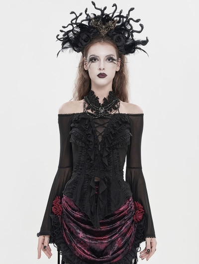 Black Gothic Mesh Halter Long Sleeve Peplum Top for Women