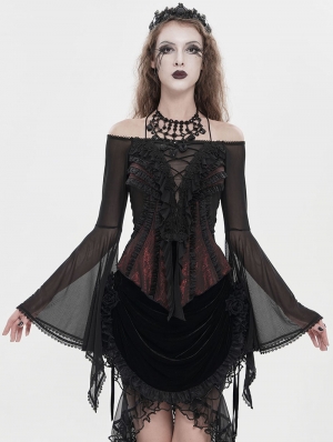 Black and Red Gothic Mesh Halter Long Sleeve Peplum Top for Women