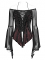 Black and Red Gothic Mesh Halter Long Sleeve Peplum Top for Women