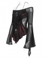 Black and Red Gothic Mesh Halter Long Sleeve Peplum Top for Women