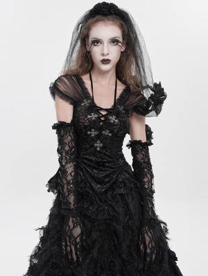 Black Gothic Sexy Mesh Ruched Ruffle Halter Strap Shirt for Women