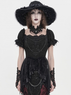 Black Retro Gothic Embroidered Beaded Halter Shirt for Women