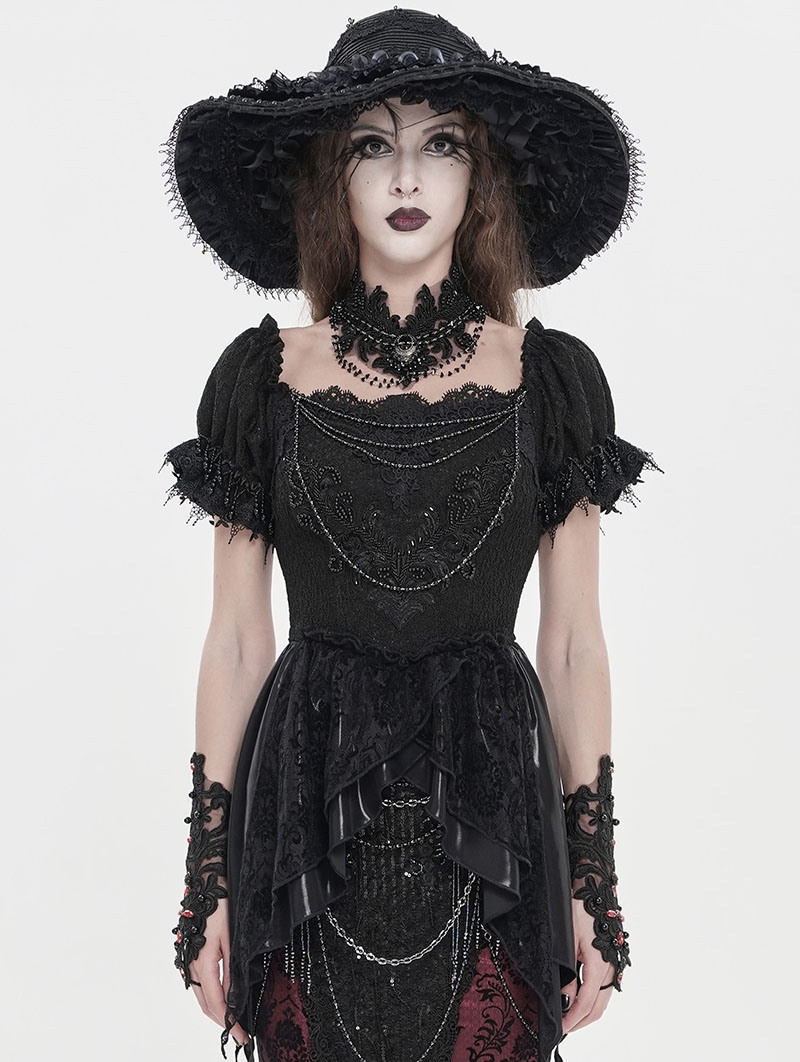 Black Retro Gothic Embroidered Beaded Halter Shirt for Women