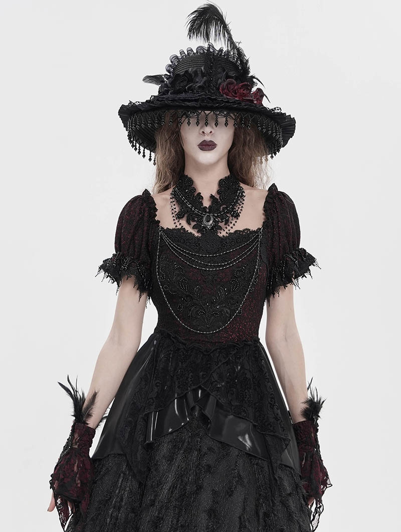 Black and Red Retro Gothic Embroidered Beaded Halter Shirt for Women