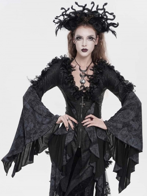 Black and Grey Vintage Gothic Pattern Flared Sleeve Top for Women