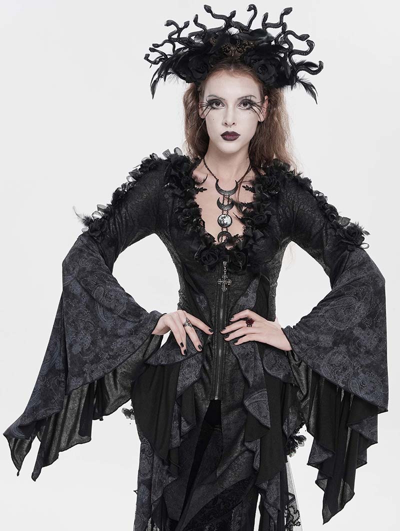 Black and Grey Vintage Gothic Pattern Flared Sleeve Top for Women