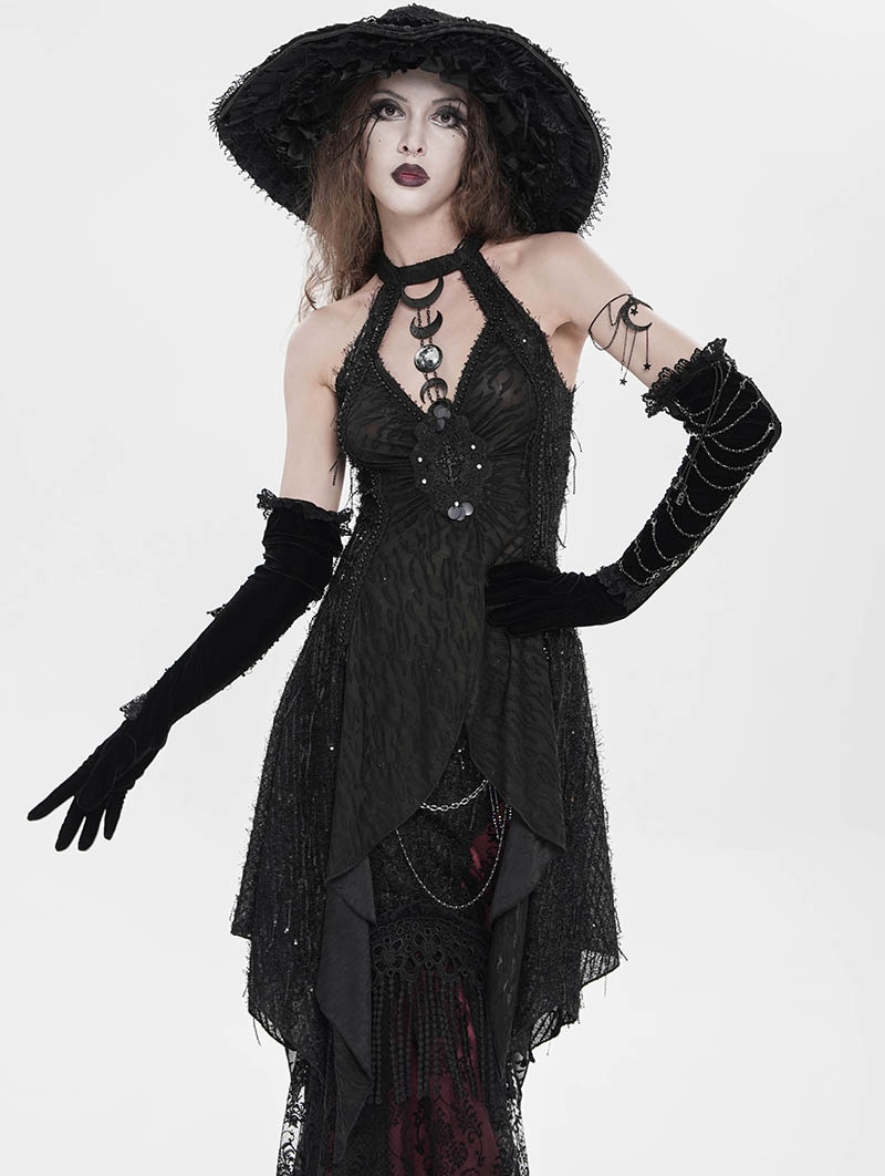 Black Gothic Cutout Halter Sleeveless Vest Top for Women