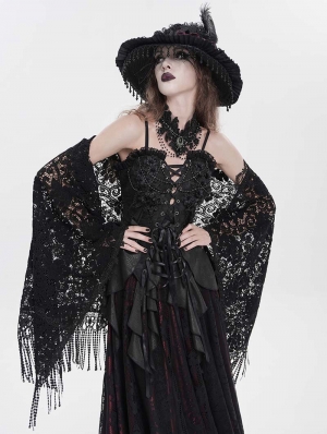 Black Gothic Floral Lace Tassel Open Front Shawl for Women