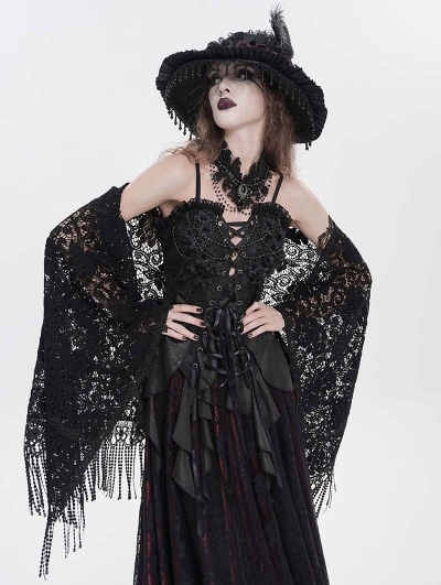 Black Gothic Floral Lace Tassel Open Front Shawl for Women