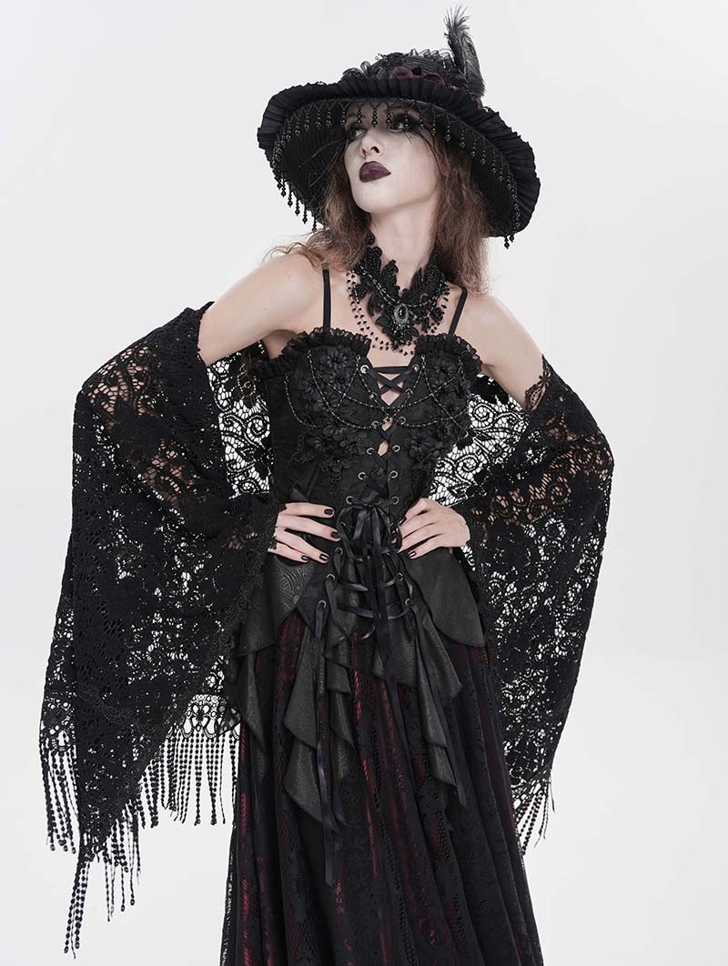 Black Gothic Floral Lace Tassel Open Front Shawl for Women