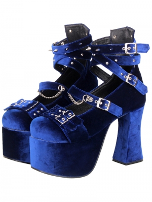 Blue Gothic Velvet Crossover Strap Platform High Heel Shoes