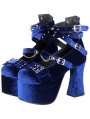 Blue Gothic Velvet Crossover Strap Platform High Heel Shoes